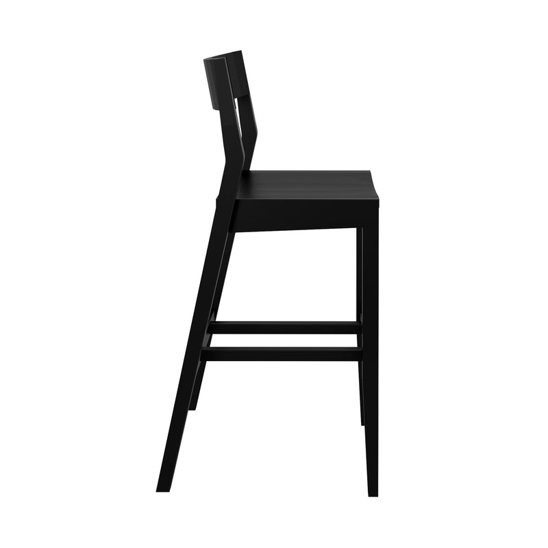 Black modern bar stool with sleek minimalist design, perfect for contemporary kitchen and dining spaces.