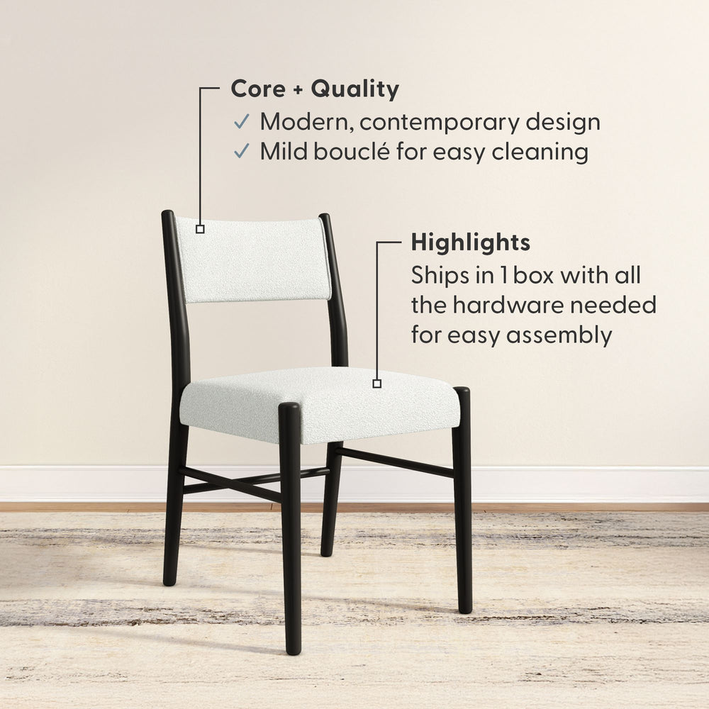 Modern contemporary chair with mild bouclé fabric and black frame, easily assembled with included hardware, ideal for stylish home decor.