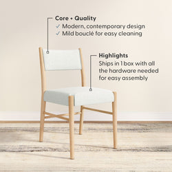 Modern white bouclé dining chair with natural light wood frame, contemporary design, easy-clean bouclé upholstery, ships in one box with hardware for simple assembly.
