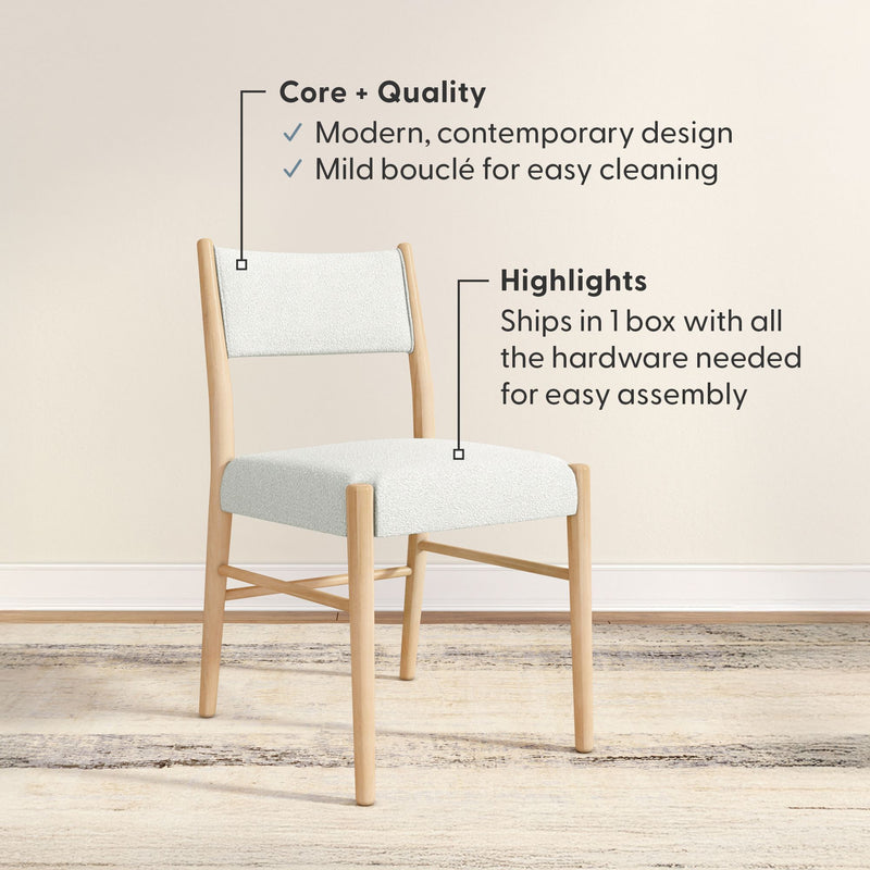 Modern white bouclé dining chair with natural light wood frame, contemporary design, easy-clean bouclé upholstery, ships in one box with hardware for simple assembly.