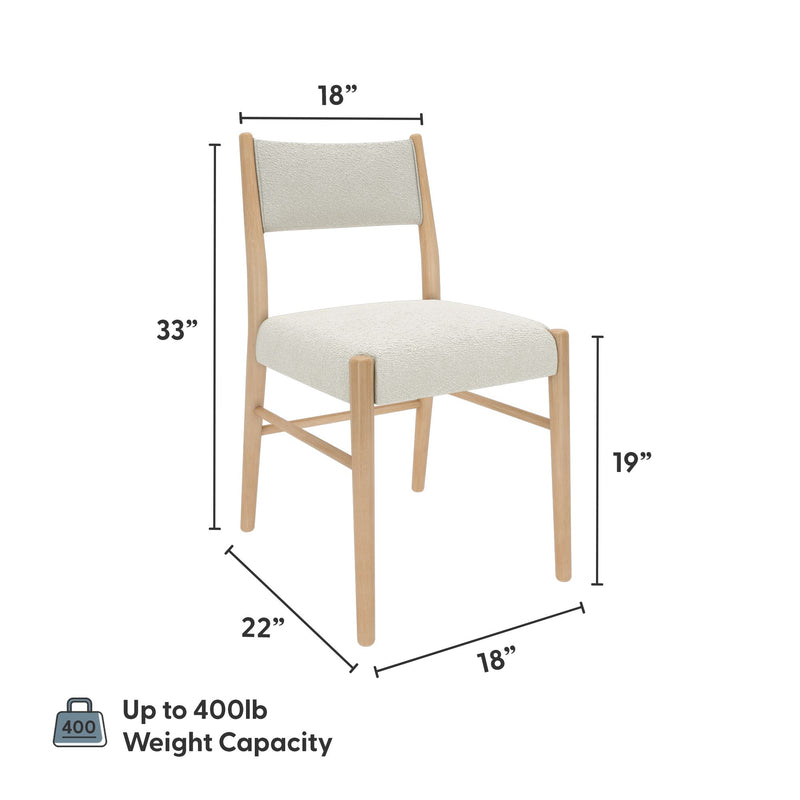 Modern mid-century dining chair with textured light beige upholstered seat and back, natural wood frame and legs, 18" W x 22" D x 33" H, 19" seat height, up to 400 lb weight capacity