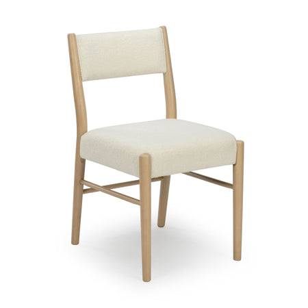 Cream upholstered armless dining chair with light oak legs and curved back, modern Scandinavian-style side chair on white background