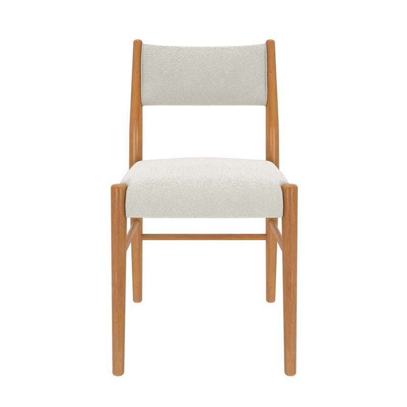 Mid-century modern dining chair with solid oak frame and cream boucle upholstered seat and back, minimalist wooden legs, front view on white background
