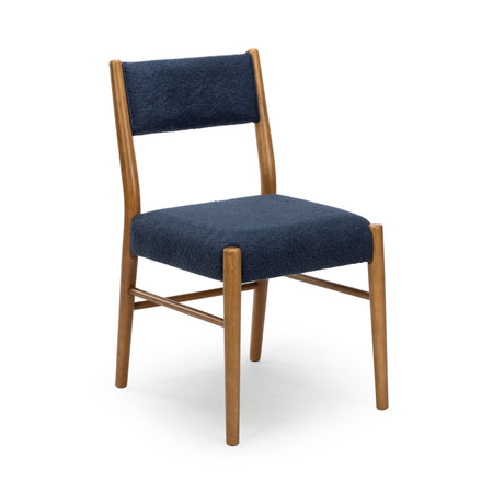 Mid-century modern navy blue upholstered dining chair with natural wood frame and tapered legs, ideal accent for dining room or kitchen