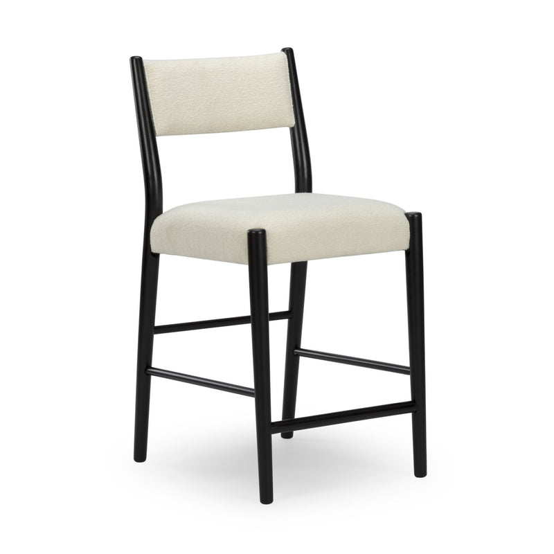 Modern black wooden counter-height stool with cream upholstered seat and back, cushioned dining bar chair for kitchen island
