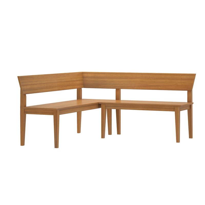 L-shaped wooden dining bench with backrest in natural wood finish, mid-century modern corner kitchen nook seating