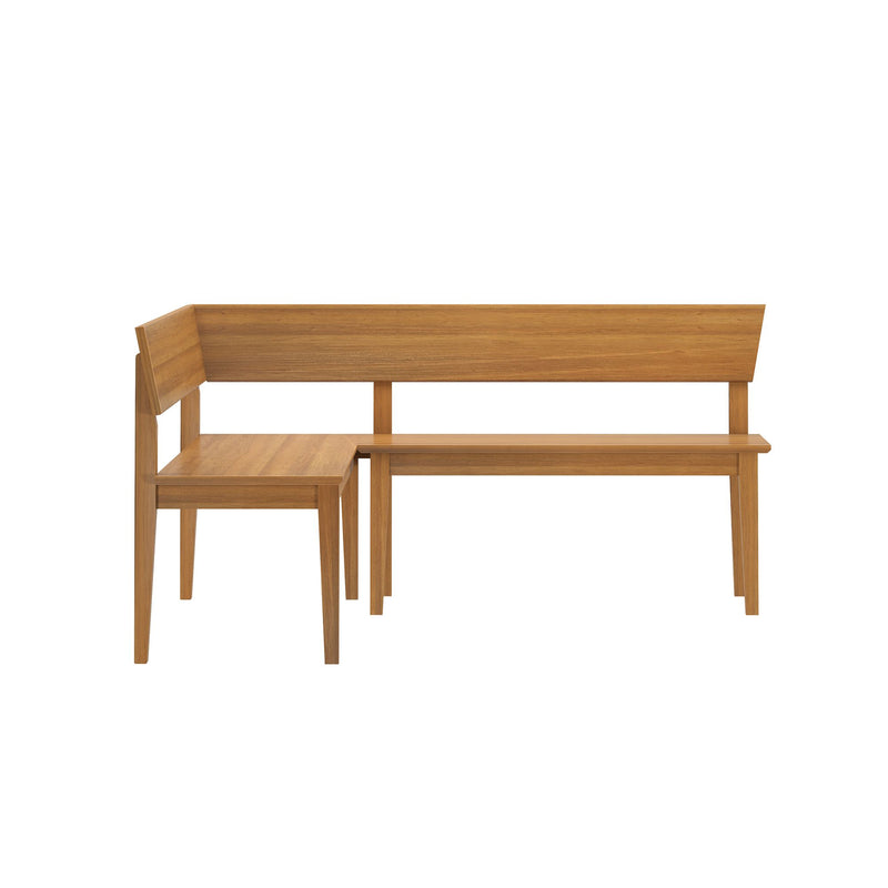 Scandinavian-style L-shaped wooden corner dining bench with backrest and natural wood finish, minimalist modern design for kitchen or dining nook
