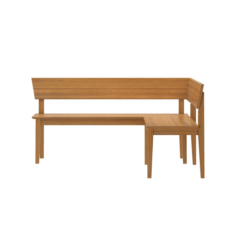 L-shaped solid oak corner dining bench with backrest, minimalist modern farmhouse kitchen seating