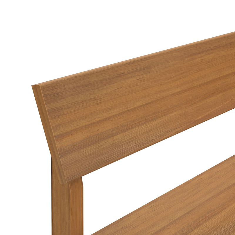 Modern wooden bed headboard with warm natural wood grain finish, minimalist mid-century bedroom decor