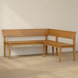 L-shaped wooden corner bench with backrest in natural oak finish, minimalist dining nook seating for kitchen or breakfast area