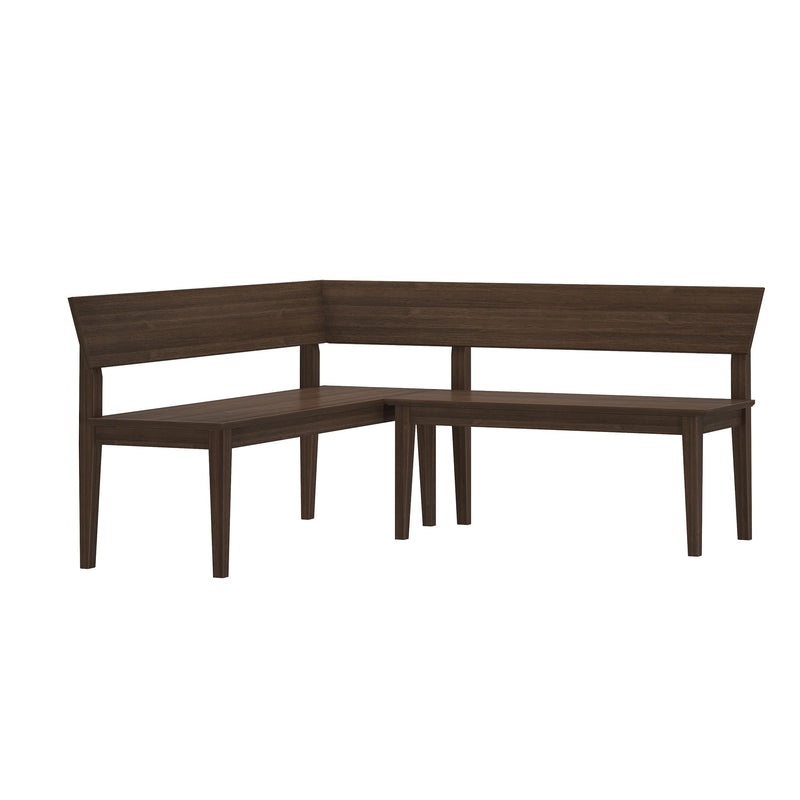 L-shaped dark wood corner dining bench with backrest and tapered legs, modern farmhouse breakfast nook seating