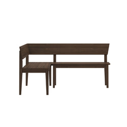 L-shaped dark walnut wooden corner bench with angled backrest, modern farmhouse dining nook seating for kitchen or breakfast area