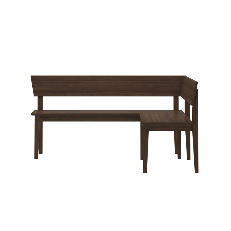 Dark brown solid wood L-shaped corner dining bench with high backrest — modern farmhouse banquette seating for kitchen nook