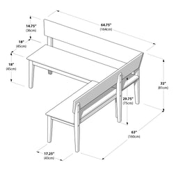 L-shaped wooden dining bench with backrest isometric diagram showing dimensions: 64.75" (164cm) and 63" (160cm) bench lengths, 32" (81cm) overall height, 29.75" (75cm) back support height, 18" (45cm) seat height, 17.25" (43cm) seat depth.