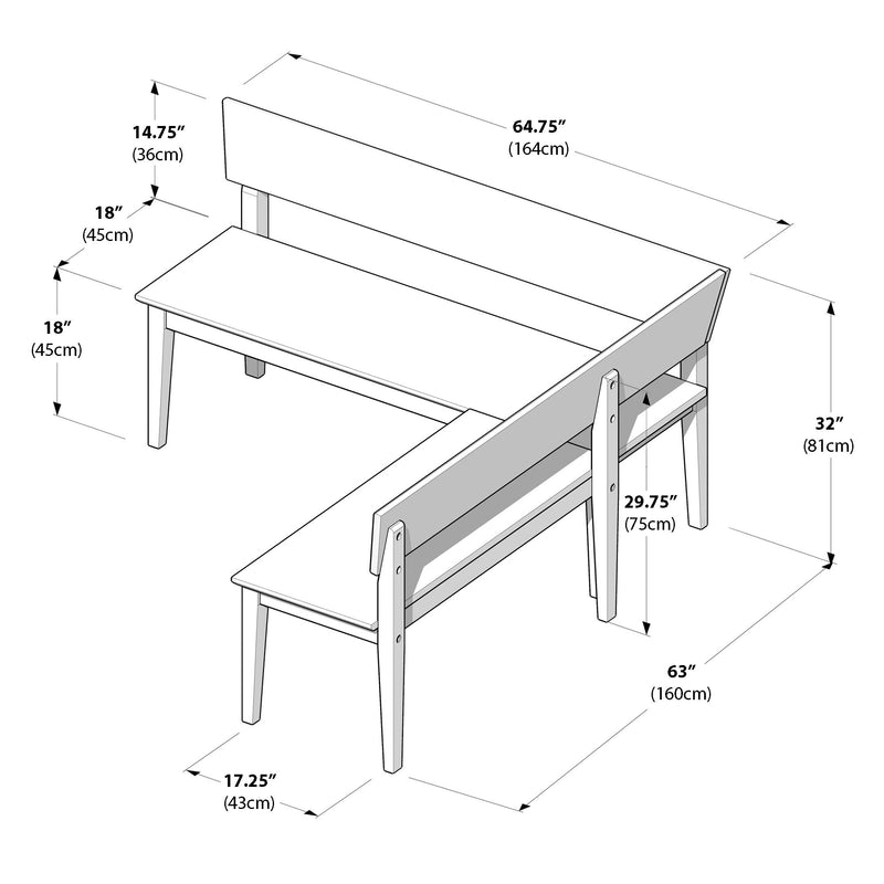 L-shaped wooden dining bench with backrest isometric diagram showing dimensions: 64.75" (164cm) and 63" (160cm) bench lengths, 32" (81cm) overall height, 29.75" (75cm) back support height, 18" (45cm) seat height, 17.25" (43cm) seat depth.