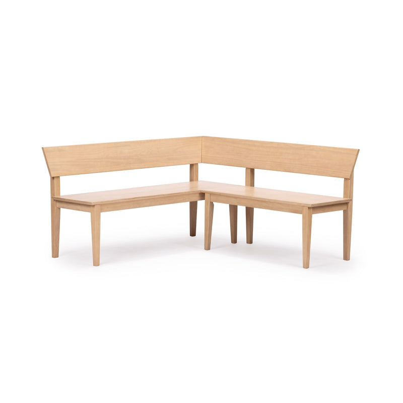L-shaped light oak corner bench with backrest — solid wood dining nook seating for kitchen or breakfast nook, modern farmhouse style