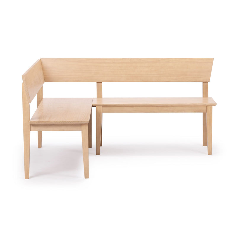 L-shaped natural beech wood corner bench with backrest, minimalist solid-wood dining nook seating