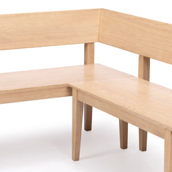 L-shaped light natural wood corner bench with backrest for dining nook or kitchen banquette, solid wood modern farmhouse style