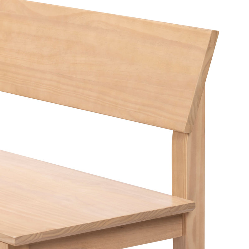 Natural light wood bench with backrest, smooth pine seat and modern farmhouse dining bench design