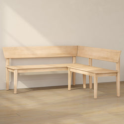 Light natural wood L-shaped corner dining bench with backrest on light hardwood floor in minimalist kitchen nook