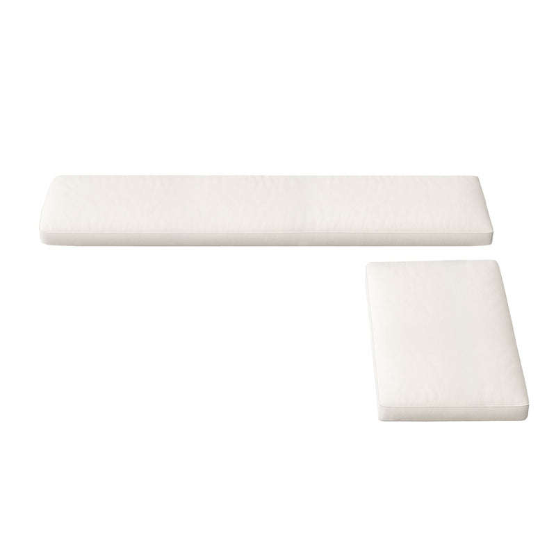 White rectangular bench cushion and matching seat cushion isolated on white background, sofa or bench replacement cushions