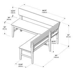 L-shaped wooden dining bench with backrest and labeled dimensions — 64.75" (164 cm) length, 63" (160 cm) depth, seat height 18" (45 cm), back height 32" (81 cm), bench depth 17.25" (43 cm)