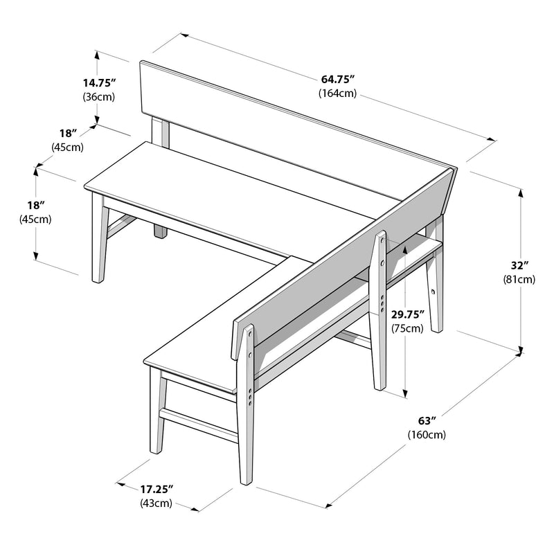 L-shaped wooden dining bench with backrest and labeled dimensions — 64.75" (164 cm) length, 63" (160 cm) depth, seat height 18" (45 cm), back height 32" (81 cm), bench depth 17.25" (43 cm)