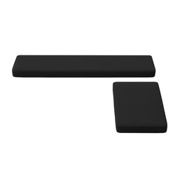 Black rectangular bench cushion and matching black rectangular seat cushion on white background, replacement cushion set for bench or sofa