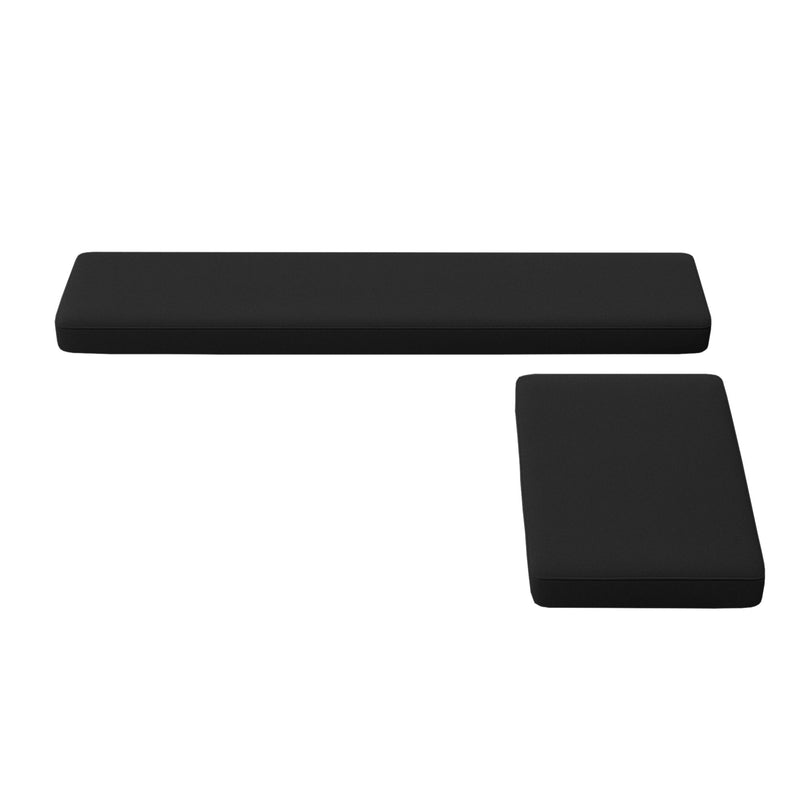 Black rectangular bench cushion and matching black rectangular seat cushion on white background, replacement cushion set for bench or sofa