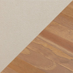 Diagonal split close-up of beige linen fabric texture and natural oak wood grain, interior design flooring sample for home decor