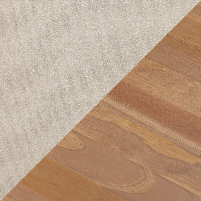 Diagonal split close-up of beige linen fabric texture and natural oak wood grain, interior design flooring sample for home decor