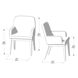Modern upholstered dining armchair with arms, front and side views showing dimensions: overall height 32 in (82 cm), arm height 24 in (60 cm), seat height 19 in (48 cm), seat depth 21 in (54 cm)