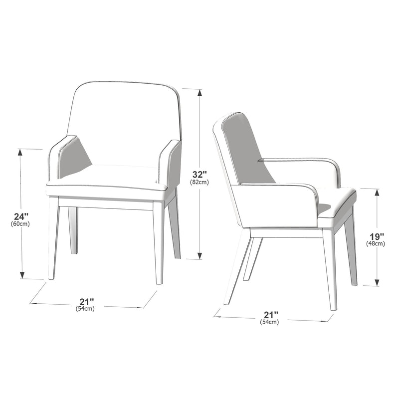 Modern upholstered dining armchair with arms, front and side views showing dimensions: overall height 32 in (82 cm), arm height 24 in (60 cm), seat height 19 in (48 cm), seat depth 21 in (54 cm)
