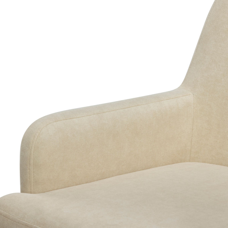Beige velvet upholstered sofa armrest and seat cushion close-up, modern minimalist sectional with soft fabric texture