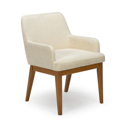 Cream beige upholstered armchair with armrests and tapered oak legs, mid-century modern dining or accent chair