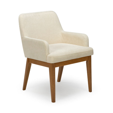 Cream beige upholstered armchair with armrests and tapered oak legs, mid-century modern dining or accent chair
