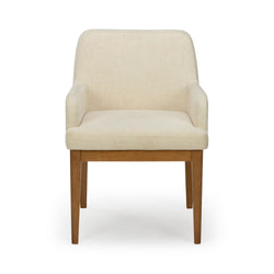 Beige upholstered armchair with padded arms and seat, oak tapered legs, modern mid-century dining or accent chair on white background