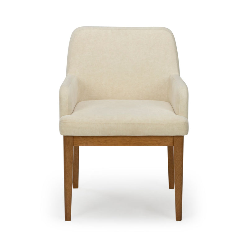 Beige upholstered armchair with padded arms and seat, oak tapered legs, modern mid-century dining or accent chair on white background