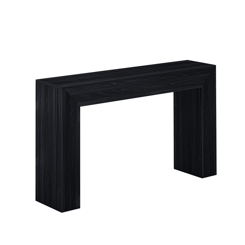 Black wooden console table with modern minimalist design.