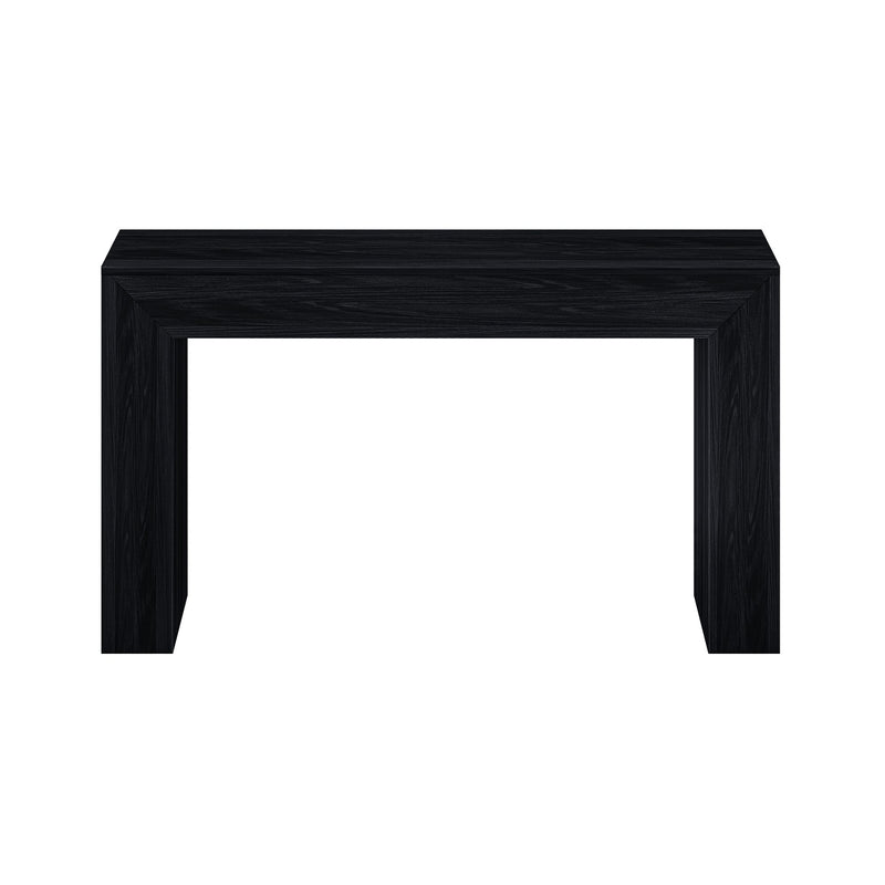 Black modern console table with sleek minimalist design.