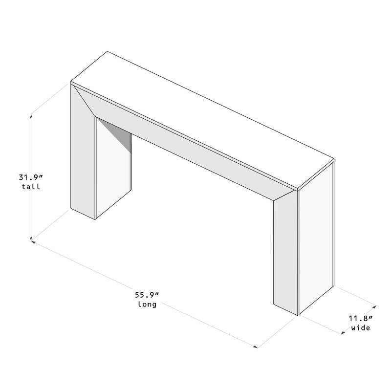 Modern console table diagram with dimensions: 31.9 inches tall, 55.9 inches long, 11.8 inches wide.