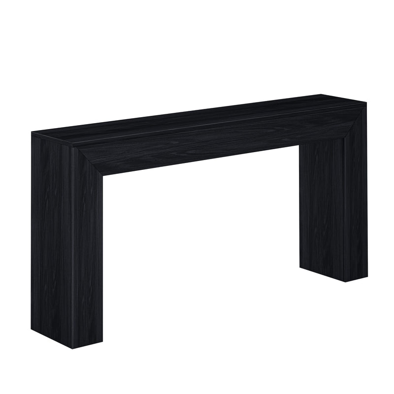 Black console table with sleek modern design for home or office decor.