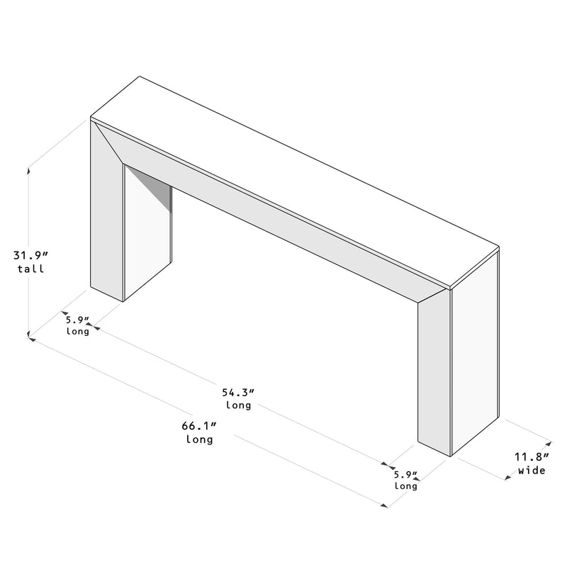 Diagram of a modern console table with dimensions: 31.9 inches tall, 66.1 inches long, and 11.8 inches wide.