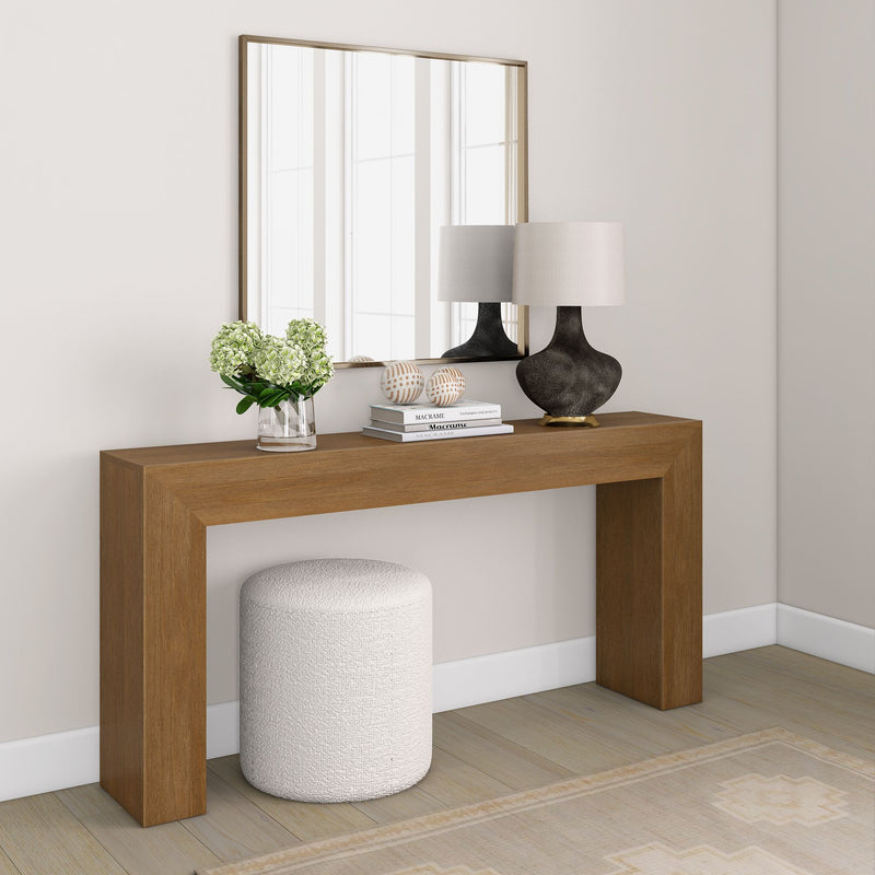 Modern entryway with wooden console table, mirror, decorative lamps, and floral arrangement for home decor ideas.