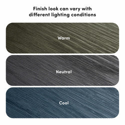 Textured finish samples showing how a wood-grain surface changes color under warm, neutral, and cool lighting conditions