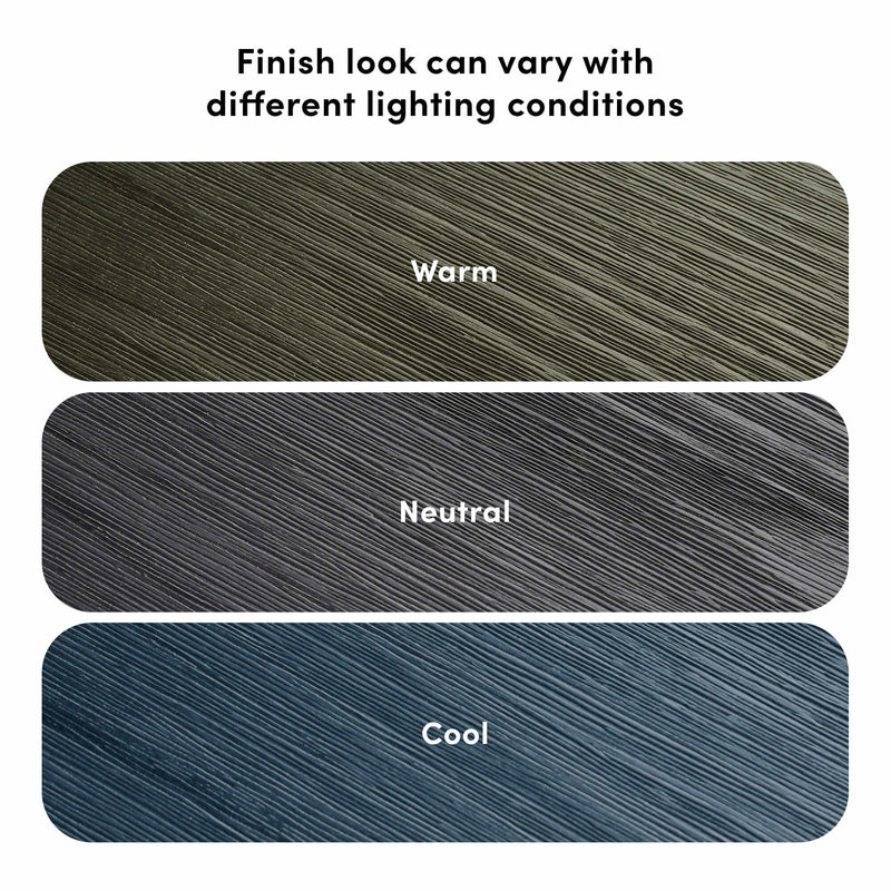 Textured finish samples showing how a wood-grain surface changes color under warm, neutral, and cool lighting conditions