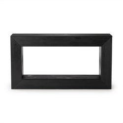 Matte black rectangular open-frame solid wood console table with minimalist modern design for entryway or living room