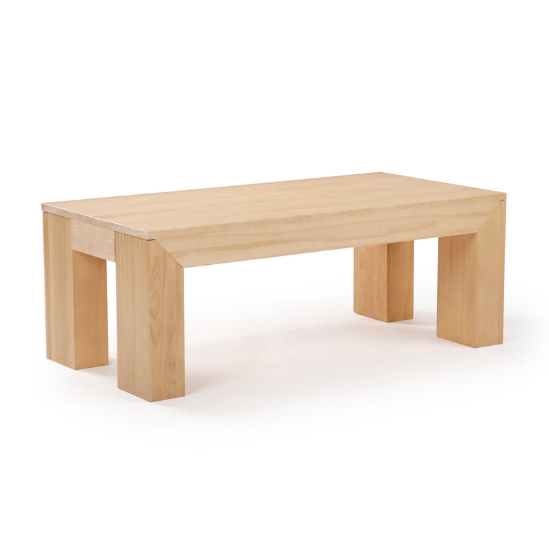 Minimalist wooden coffee table with a natural finish and sturdy rectangular legs.