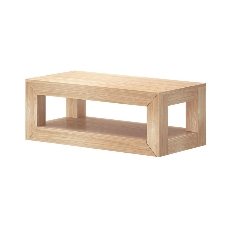 Modern wooden coffee table with open shelf and minimalist design.
