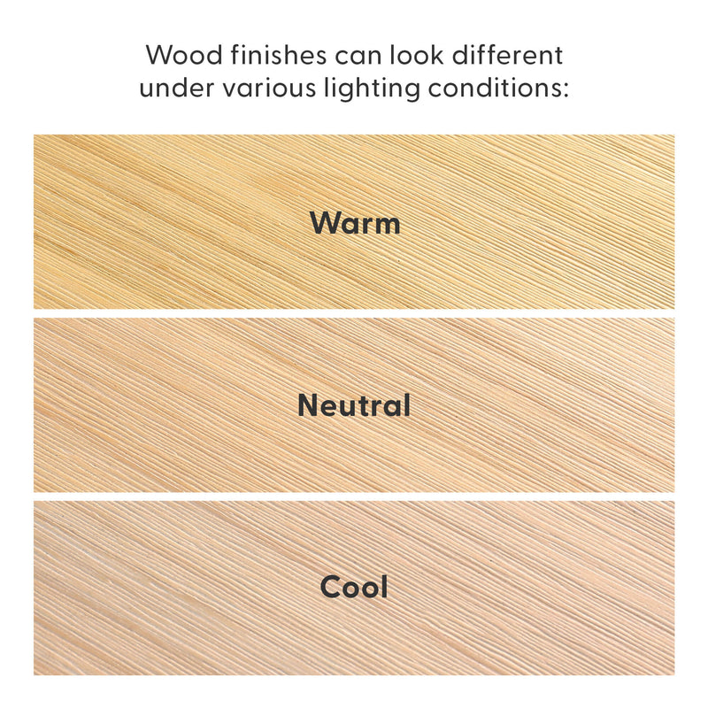 Wood finishes under different lighting: warm, neutral, cool tones comparison.
